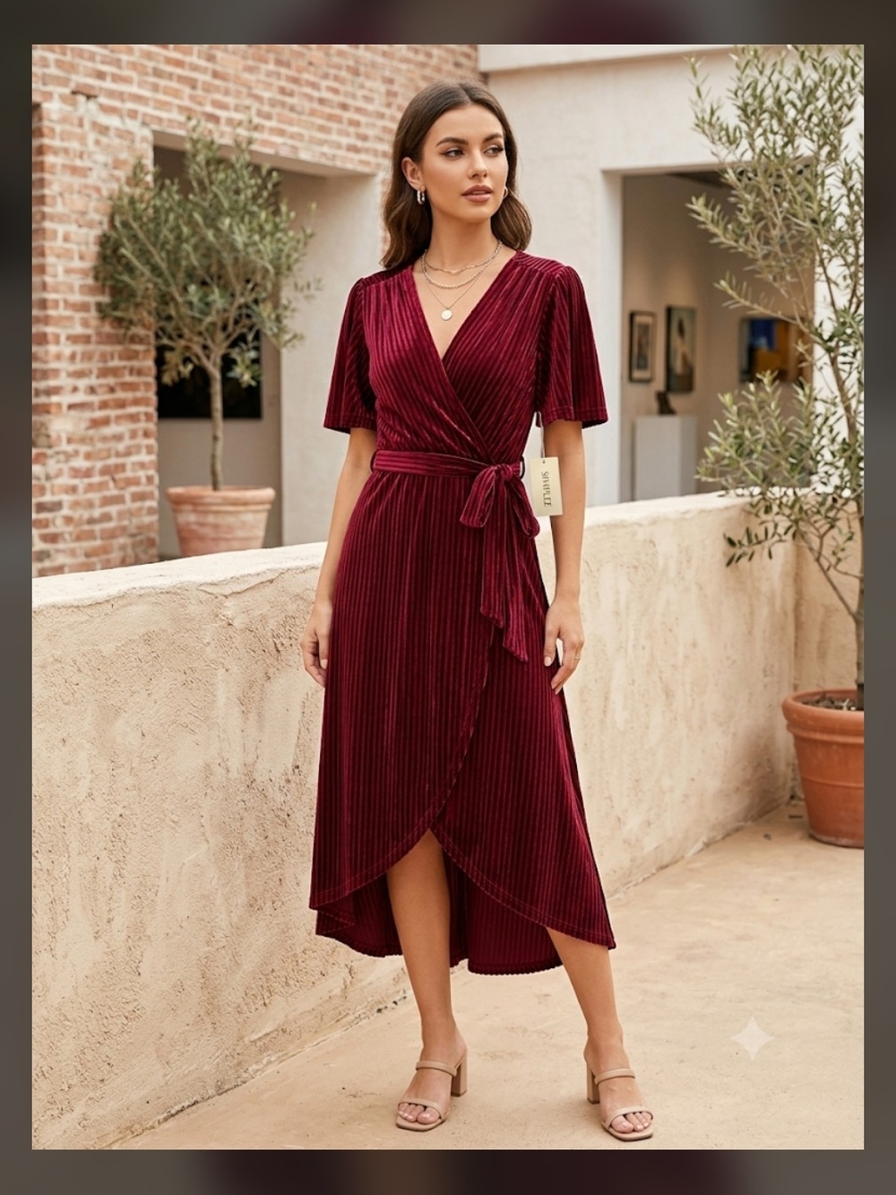 Simplee NWT Burgundy Velvet Wrap Midi Dress Medium Pleated Short Sleeve Holiday